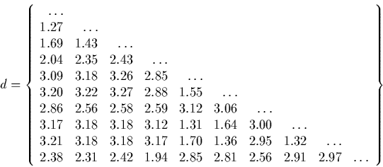 \begin{displaymath} d = \CENTER\{ \begin{array} {rrrrrrrrrr} \dots \\ 1.27 & \dots... ... & 2.85 & 2.81 & 2.56 & 2.91 & 2.97 & \dots\end{array}\right\} \end{displaymath}